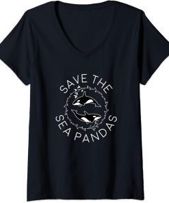 Womens Save The Sea Pandas Shirt, Orca Killer Whale Gift V-Neck T-Shirt