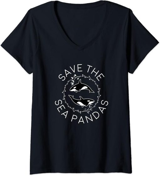 Womens Save The Sea Pandas Shirt, Orca Killer Whale Gift V-Neck T-Shirt