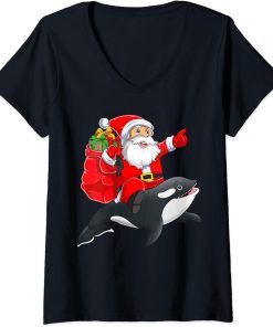 Womens Funny Orca Fish Xmas Squad Santa Riding Orca Christmas V-Neck T-Shirt