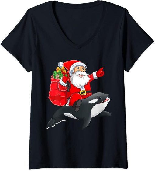 Womens Funny Orca Fish Xmas Squad Santa Riding Orca Christmas V-Neck T-Shirt