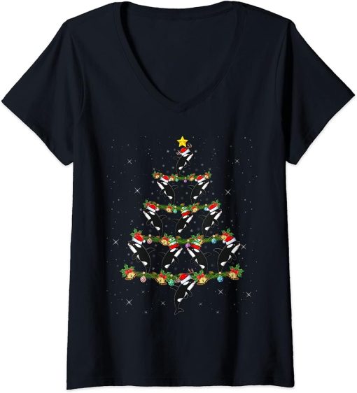 Womens Funny Orca Fish Xmas Tree Lights Santa Orca Christmas V-Neck T-Shirt