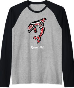 Native Kona Hawaii Red Orca Killer Whale Raglan Baseball Tee