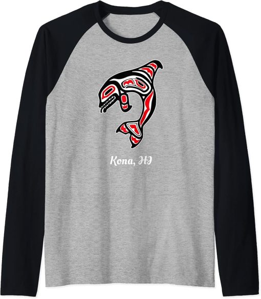 Native Kona Hawaii Red Orca Killer Whale Raglan Baseball Tee