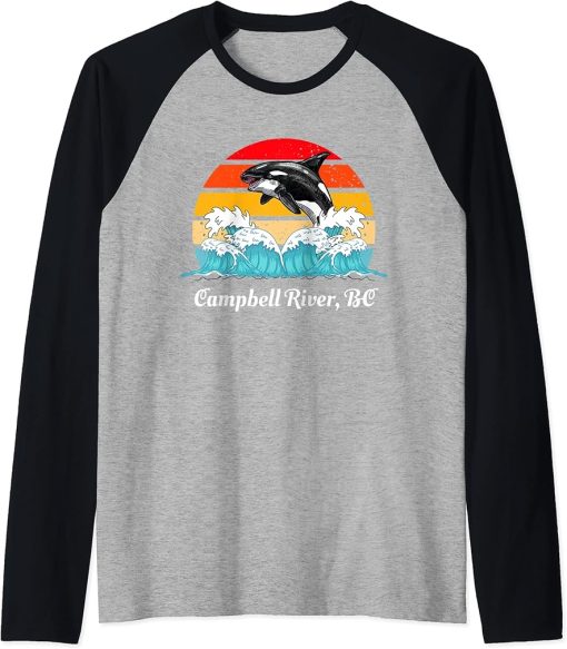 Vintage Campbell River BC Distressed Orca Killer Whale Art Raglan Baseball Tee